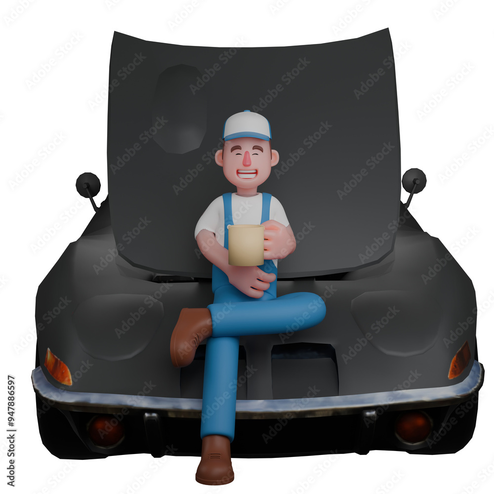 Professional Male Mechanic. A mechanic is sitting relaxed in front of a car with his left hand holding a glass. 3D Automotive Illustration