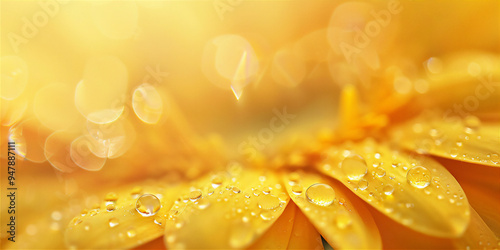 Droplets of water on yellow flower petal in close up, version 2