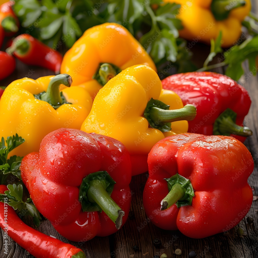 Fresh Red and Yellow Bell Peppers on Wooden Background Fresh Red and Yellow Bell Peppers on Wooden Background