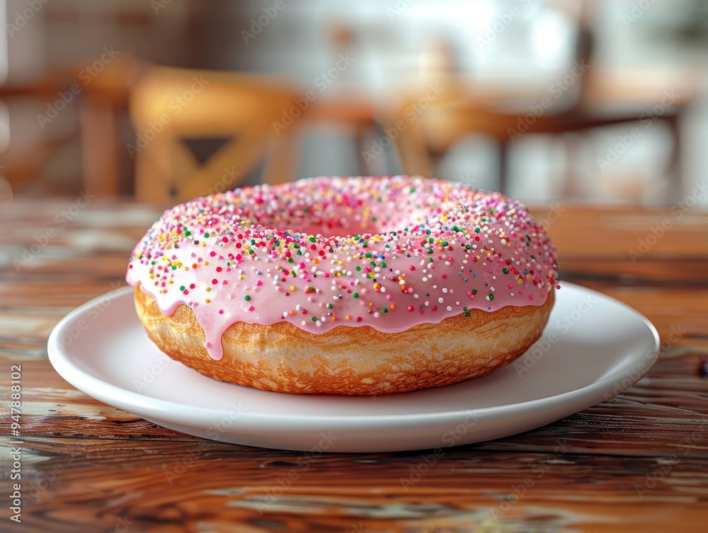 A pink glazed donut with sprinkles sits on a white plate on a wooden table. A pink glazed donut with sprinkles sits on a white plate on a wooden table.