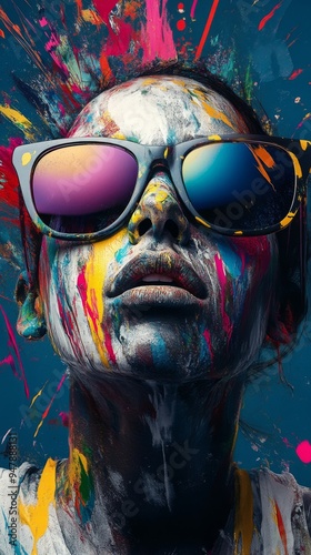 Woman posing with colorful paint splattered on her face