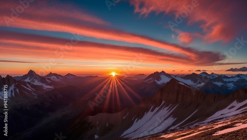 Sunset over mountain peaks. Sun setting behind jagged mountains, long shadows, vibrant orange and pink sky. Realistic style. photo