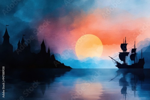 Haunted pirate bay, eerie mist and ghostly figures, dark night, Watercolor style photo