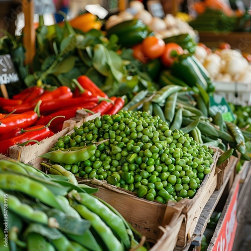 Fresh Green Peas, Red Chili Peppers, and Green Beans on Display at a Market Stall