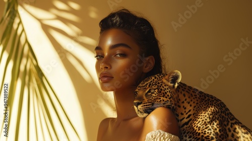 Fototapeta Naklejka Na Ścianę i Meble -  Elegant latin woman with leopard in exotic sunlit setting