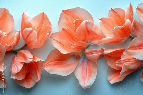 Fragmented tulip petals forming intricate patterns on a light pastel blue background,