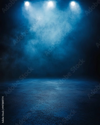 Dark empty street, dark blue background, empty dark stage, neon light, spotlights. An asphalt floor and a studio room with smoke float into the interior.