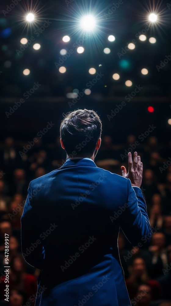 Motivational speaker inspiring audience during conference presentation on stage Motivational speaker inspiring audience during conference presentation on stage