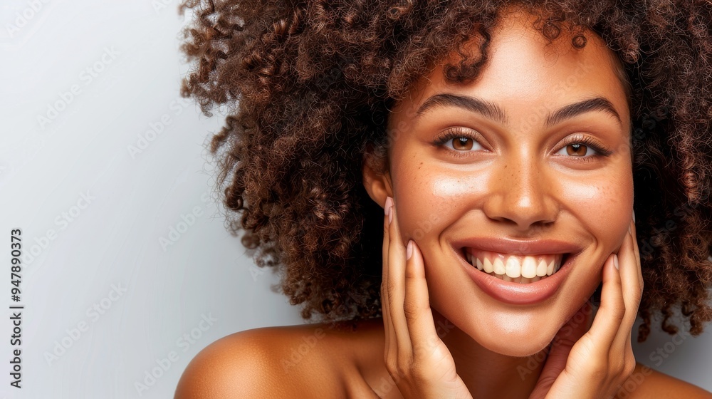 Close-up portrait of an African American woman smiling with her hands on her face, expressing joy and happiness