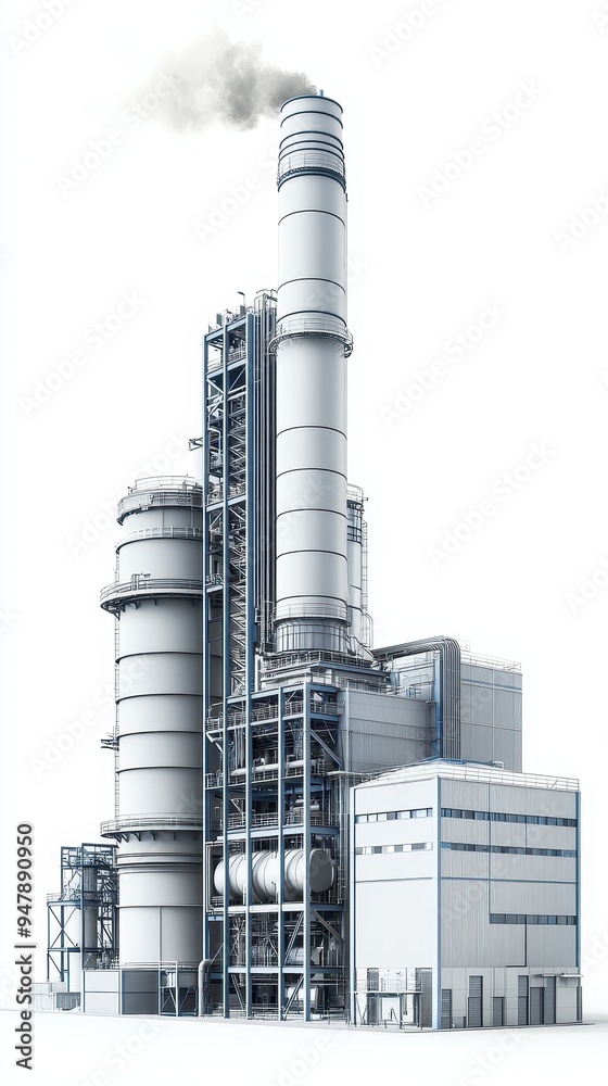 Obraz premium The biomass power plant showcases large silos and a tall smokestack emitting steam into the clear sky, indicating energy production