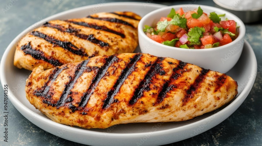 Juicy grilled chicken breast with a side of fresh salsa, light and healthy, perfect for summer Juicy grilled chicken breast with a side of fresh salsa, light and healthy, perfect for summer