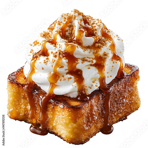 Transparent Background French Toast with Whipped Cream, Caramel Drizzle, and Crumbled Topping - Decadent Dessert Closeup