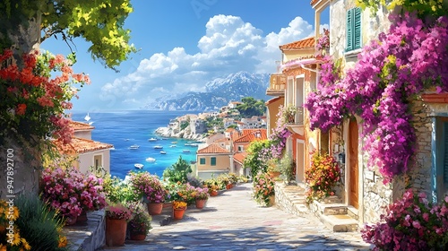 Coastal townscape, narrow streets filled with colorful flowers, quaint homes in watercolor hues, all under a clear and sunny sky