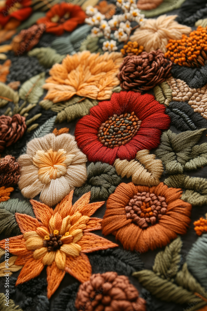 Fototapeta premium embroidered fall pattern with flowers, leaves, berries 