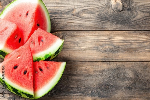 Juicy watermelon slices on a wooden table, glistening with freshness, seeds scattered, vibrant summer feel photo