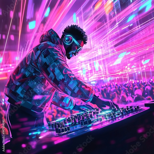 Nightclub Buzz: DJ with Neon Colors and Bass