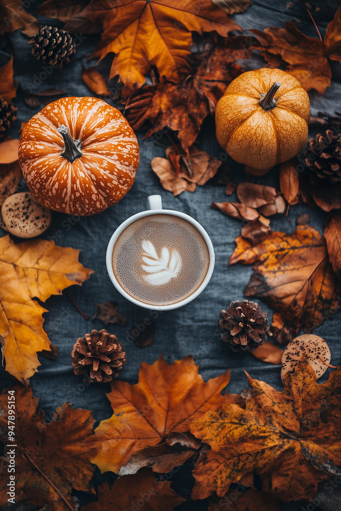 cup of coffee with autumn leaves, pumpkin and ones on the background cup of coffee with autumn leaves, pumpkin and ones on the background