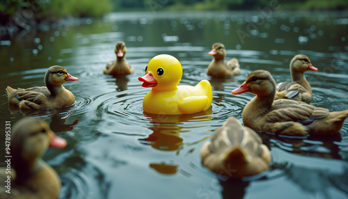 Rubber duck surrounded by real ducks swimming in a natural pond.