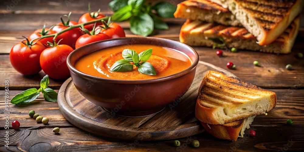 Warm, earthy tones, rustic wooden background, soft natural lighting, steamy bowl of creamy tomato soup paired with a crusty grilled cheese sandwich, autumnal colors. Warm, earthy tones, rustic wooden background, soft natural lighting, steamy bowl of creamy tomato soup paired with a crusty grilled cheese sandwich, autumnal colors.