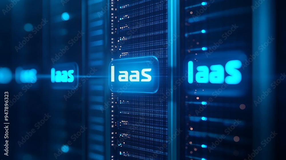 Close-up of servers with IaaS technology in a data center, highlighting modern cloud computing infrastructure and internet services.