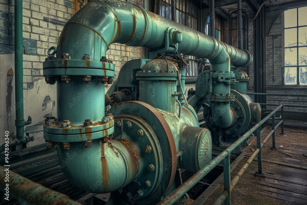 Old industrial pump is standing on a rusty platform in an abandoned factory building Old industrial pump is standing on a rusty platform in an abandoned factory building