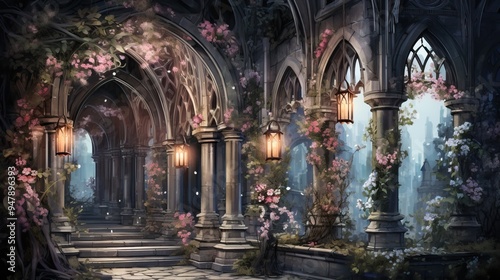 A mystical corridor adorned with blooming flowers, ancient arches, and glowing lanterns, creating a serene and enchanting atmosphere.