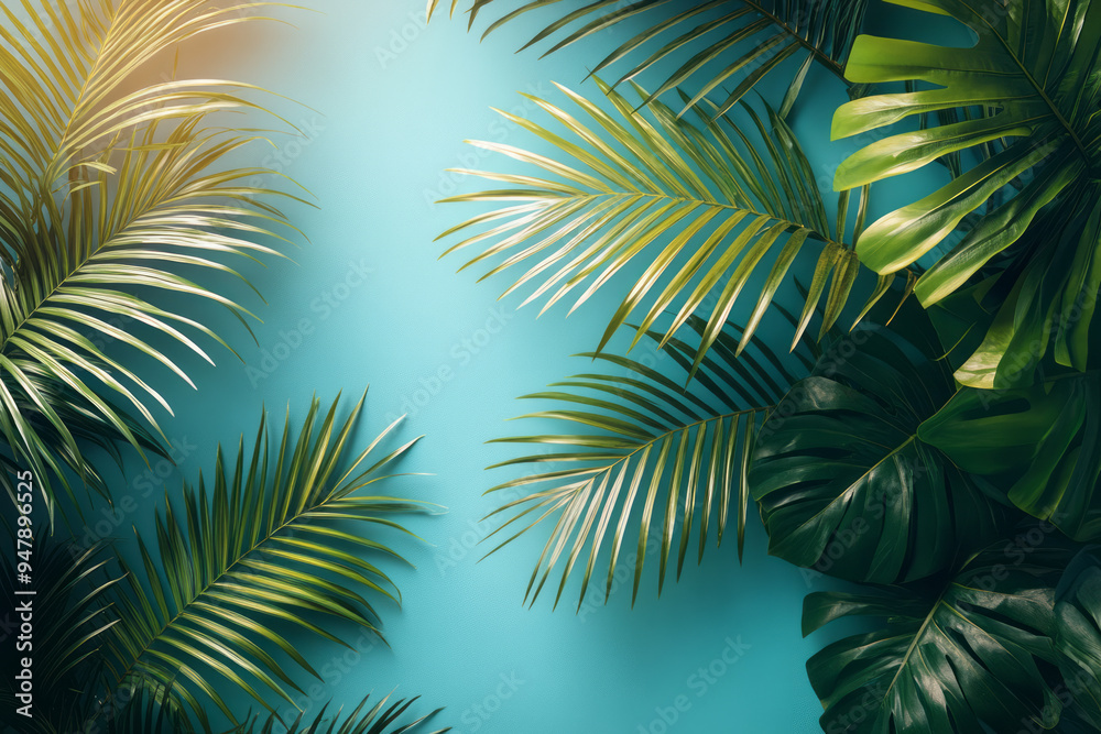 Geometric patterns of palm leaves layered on a pale blue background, Geometric patterns of palm leaves layered on a pale blue background,
