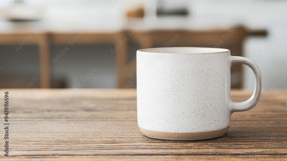 Simple ceramic mug on a rustic wooden table, cozy and inviting home setting Simple ceramic mug on a rustic wooden table, cozy and inviting home setting
