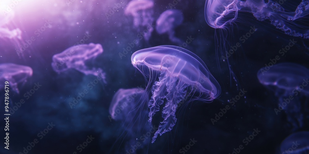 A group of jellyfish floating gracefully in the dark purple underwater, breathtaking background A group of jellyfish floating gracefully in the dark purple underwater, breathtaking background