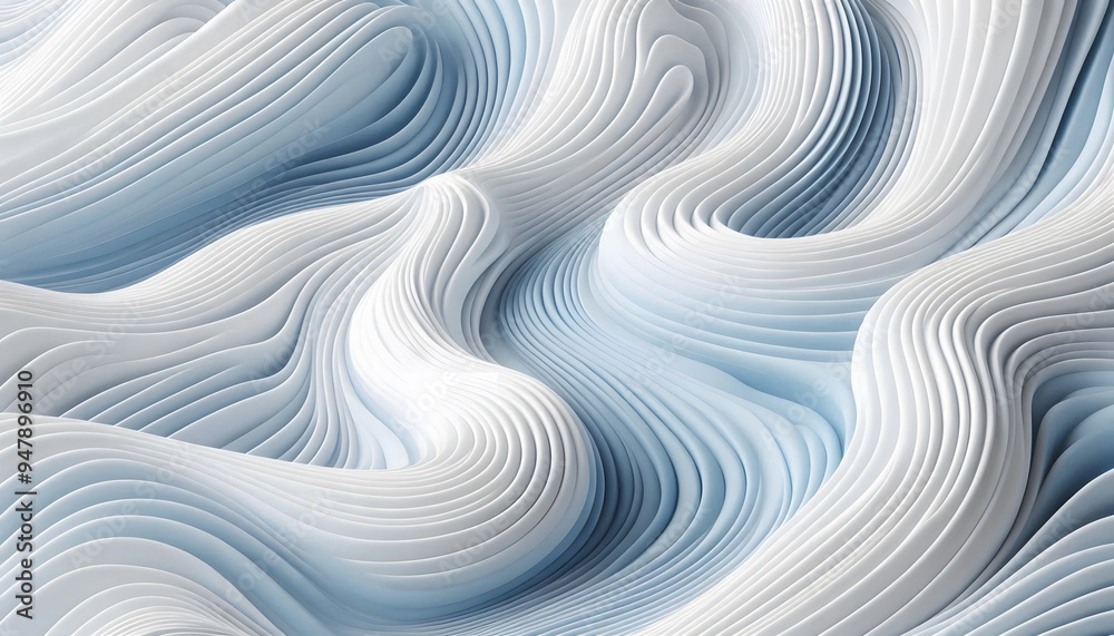Abstract blue and white wave, curve patterns flowing through a soft landscape background with gentle light. Abstract blue and white wave, curve patterns flowing through a soft landscape background with gentle light.