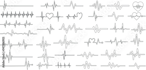 Heartbeat line vector collection, heart shaped EKG patterns, pulse rhythm symbols for health, love, and cardiology designs. Ideal for medical graphics, Valentine Day designs, and tattoo
