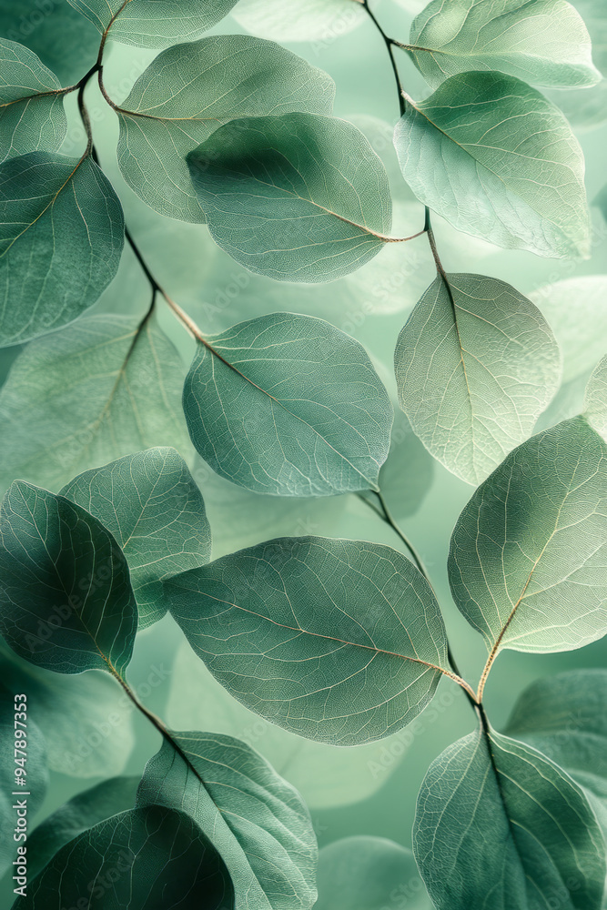 Obraz premium Floating canopy leaves in geometric arrangements on a pale green background,