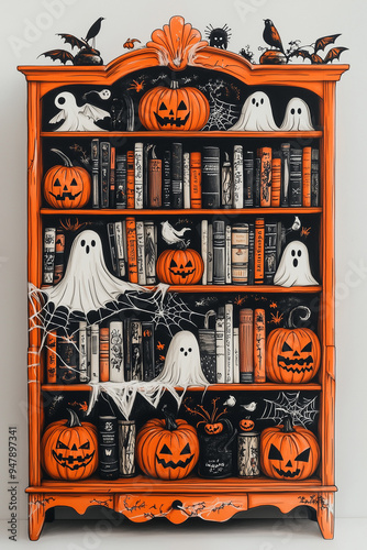 halloween background with books and pumpkins. 