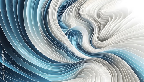 Abstract blue and white wave, curve patterns flowing through a soft landscape background with gentle light.