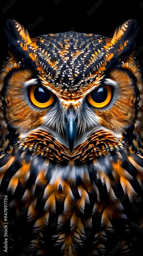 A close up of an owl's face with a yellow eye. The owl's face is surrounded by a dark background
