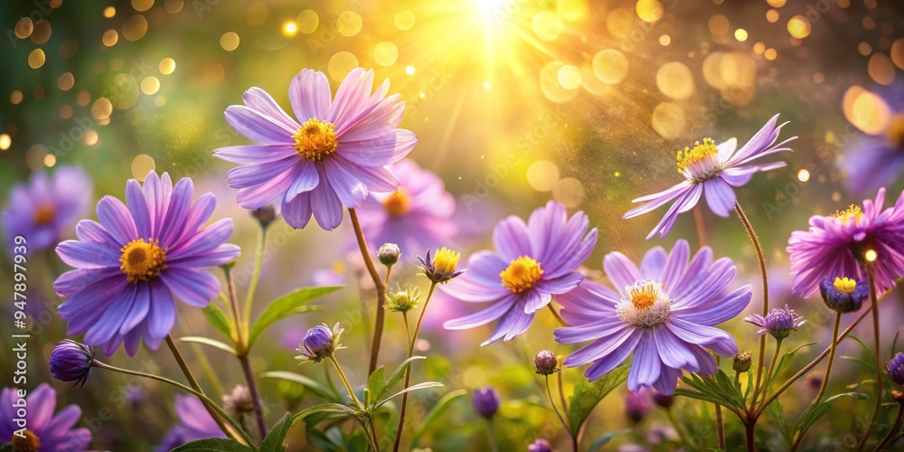 whimsical afternoon light capturing delicate purple petals with golden centers amidst lush green foliage and soft focus background in a romantic autumnal meadow scene whimsical afternoon light capturing delicate purple petals with golden centers amidst lush green foliage and soft focus background in a romantic autumnal meadow scene