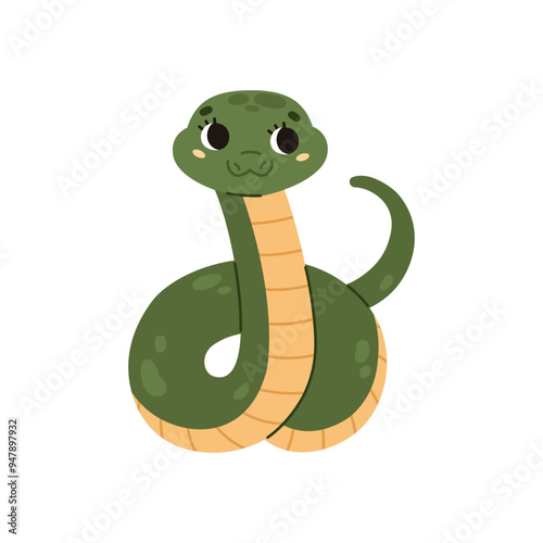 Cute funny snake with big eyes. A spotted green reptile with a yellow striped belly. The snake curled up in coils. Kawaii character. Wild animal. Cartoon style. Vector illustration.