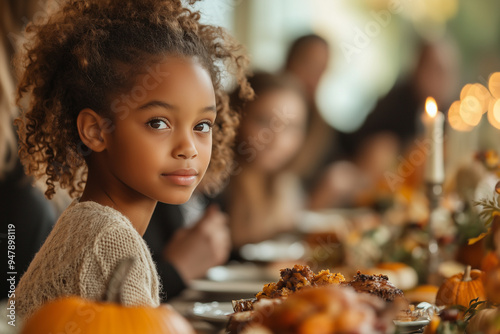 Happy African American Family Having Thanksgiving Dinner. Festive Family Bond American Concept. Thanksgiving Meal for The Whole Family Gathering. Grandparents, Parents with Children coming for Dinner. photo