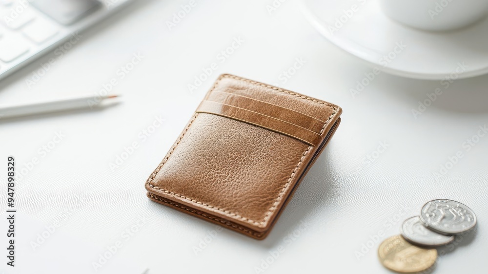 Simple leather wallet on a clean desk, premium accessory and branding concept Simple leather wallet on a clean desk, premium accessory and branding concept