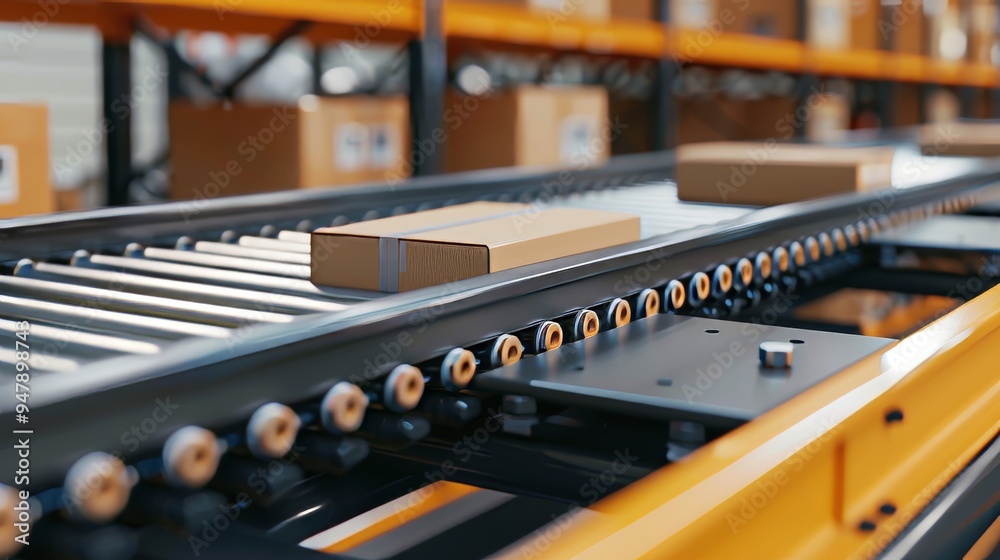 Dynamic Motion Conveyor Roller Closeup with Automated Packaging in Action Dynamic Motion Conveyor Roller Closeup with Automated Packaging in Action
