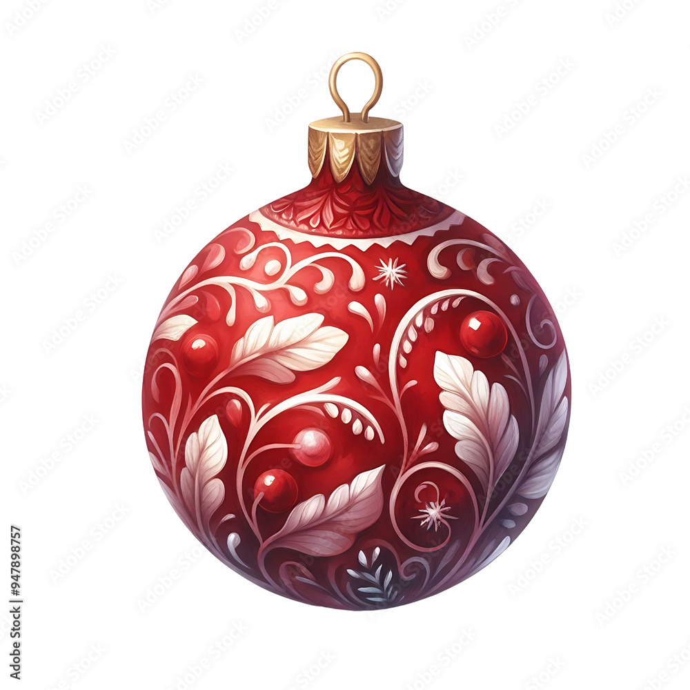 A red and white ornament with a gold trim. The ornament is decorated with flowers and berries. It is a festive decoration that is often used during the holiday season. Watercolor style isolated A red and white ornament with a gold trim. The ornament is decorated with flowers and berries. It is a festive decoration that is often used during the holiday season. Watercolor style isolated