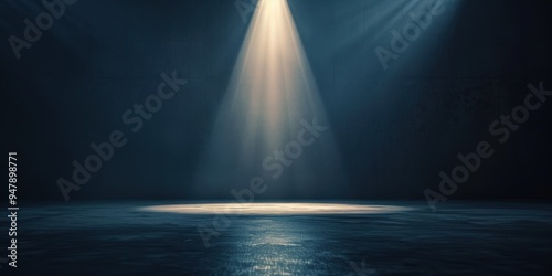 an empty stage illuminated by a single spotlight against a dark, minimal backdrop.