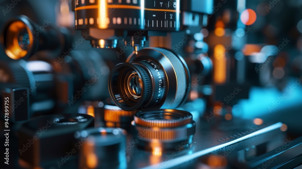 Fototapeta premium Precision in Motion Closeup of Lens Calibration Machine at Optical Equipment Factory