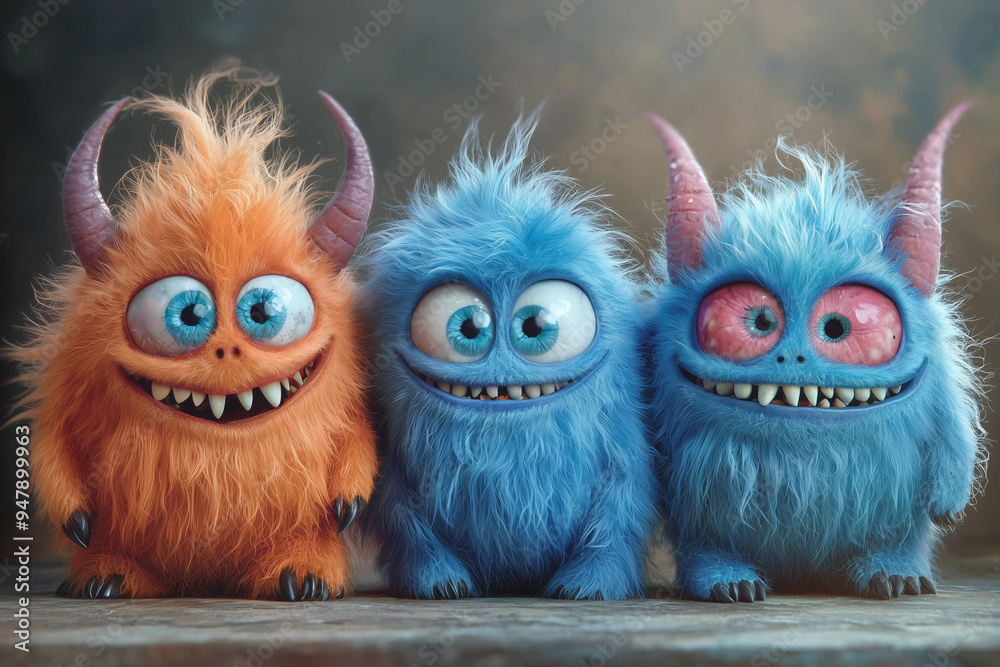 Fototapeta premium Cute Furry Monsters Smiling Together - Digital Art