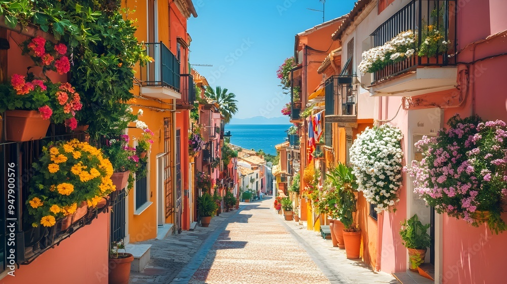Fototapeta premium A charming coastal town, narrow streets lined with flower-filled balconies, vibrant colors everywhere, and a clear, bright blue sky