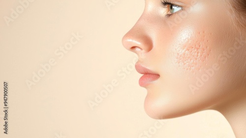 Closeup of a teenage girl with acne on her cheeks, looking directly at the camera with a neutral expression