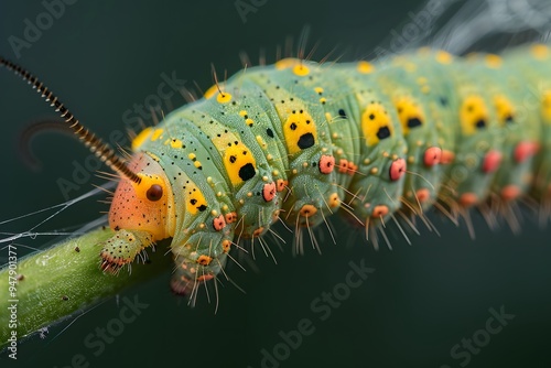 Close-Up of a Colorful Caterpillar on a Green Stem photo