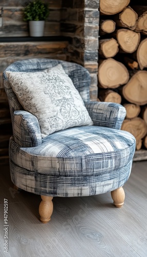 Blue Plaid Armchair with Pillow in Rustic Interior. Comfortable furniture, cozy home decor photo