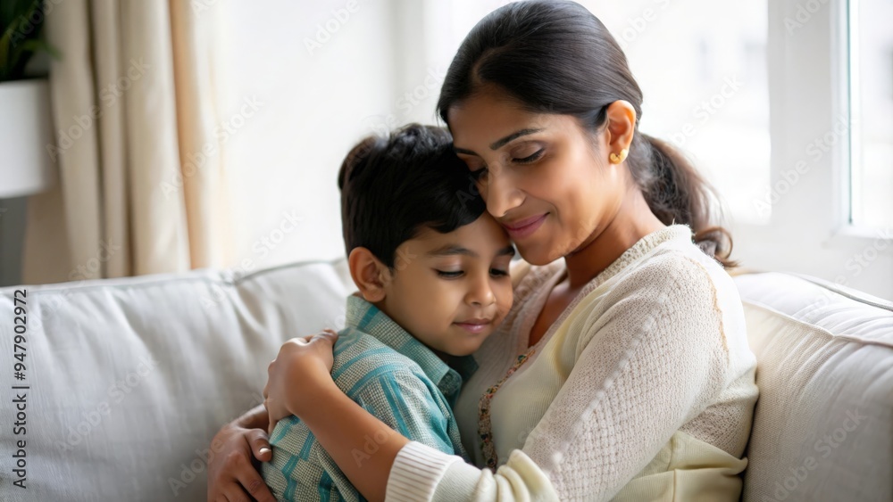 A tender moment of an Indian mother and her little boy cuddling on a couch.
A tender moment of an Indian mother and her little boy cuddling on a couch.