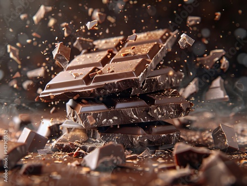 A stack of chocolate bars with broken pieces scattered around.  The image is dramatic with a sense of motion and energy.